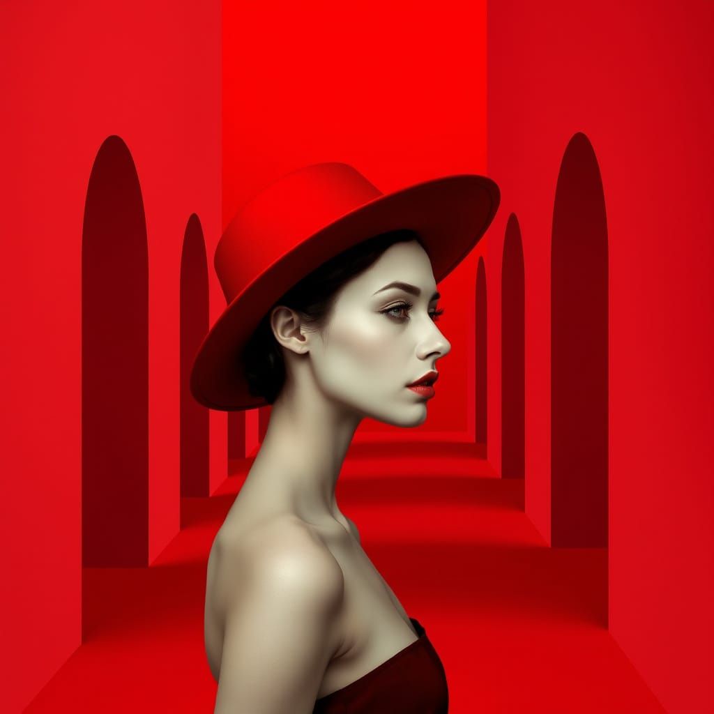Surreal Red Wall with Arched Doorways and Woman in Profile