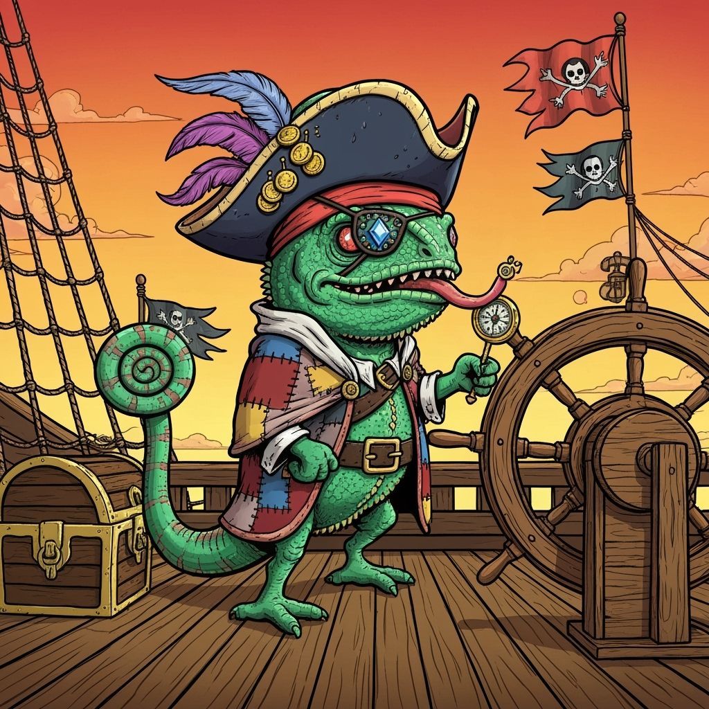 Chameleon Pirate Captain on Deck in Cartoon Style