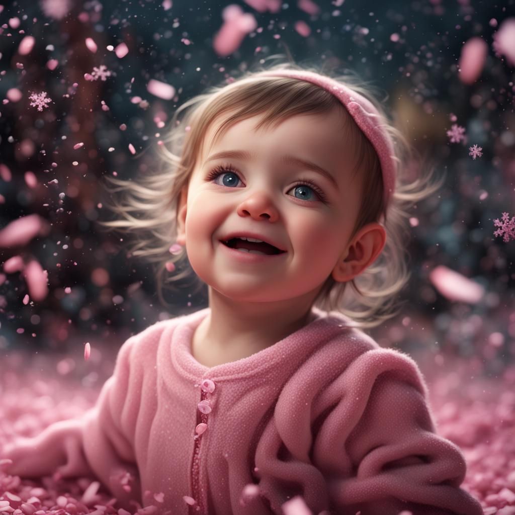Smiling Baby Girl with Pink Confetti Snow