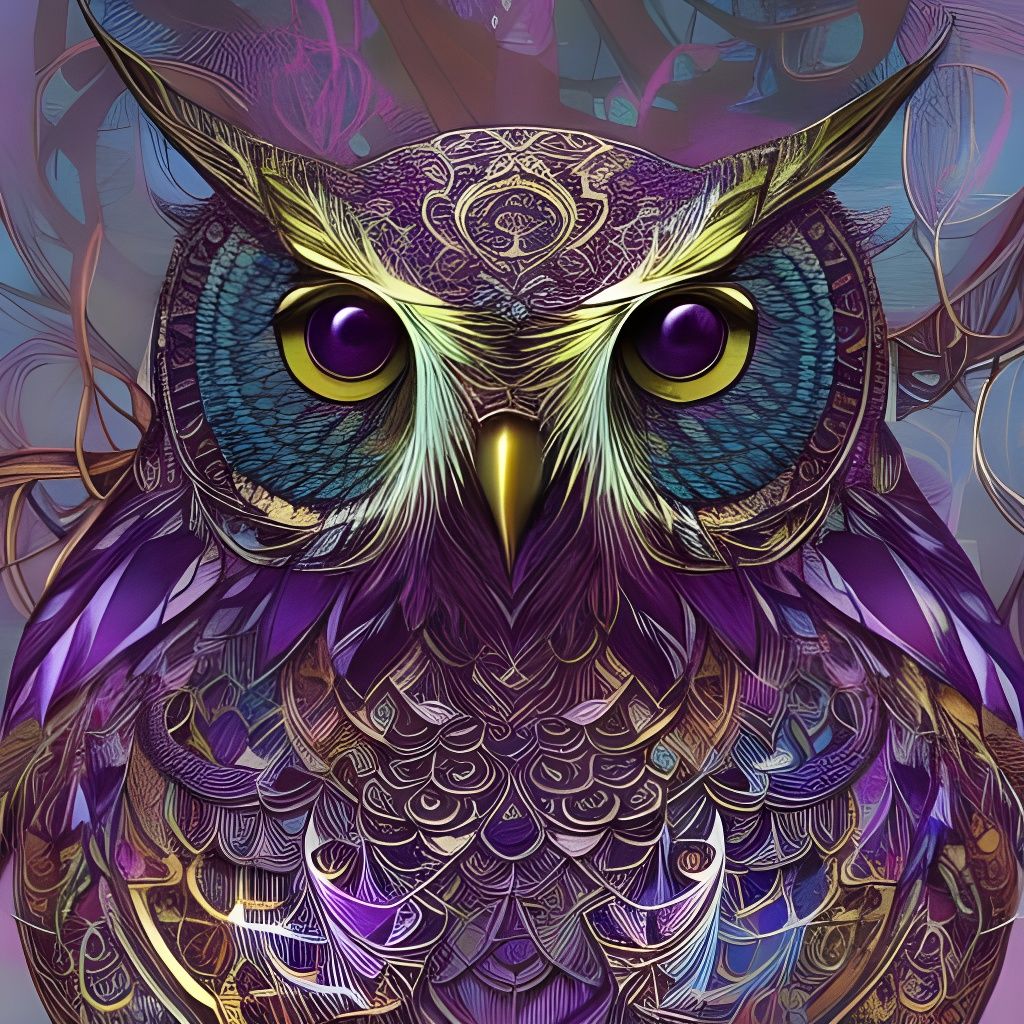 Surreal Digital Painting of a Purple Owl with Intricate Moti...
