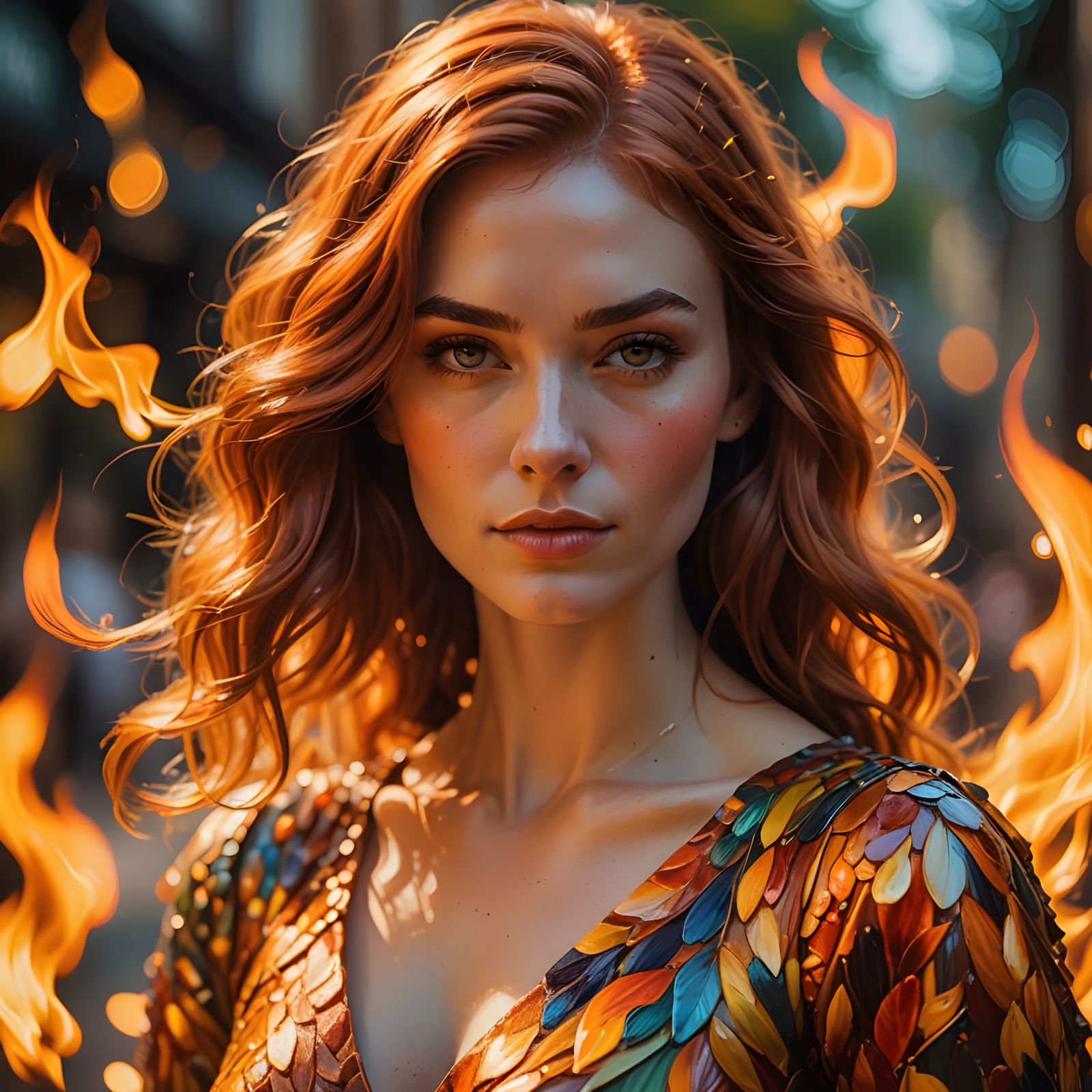 Surreal Copper Goddess in Flame Garb