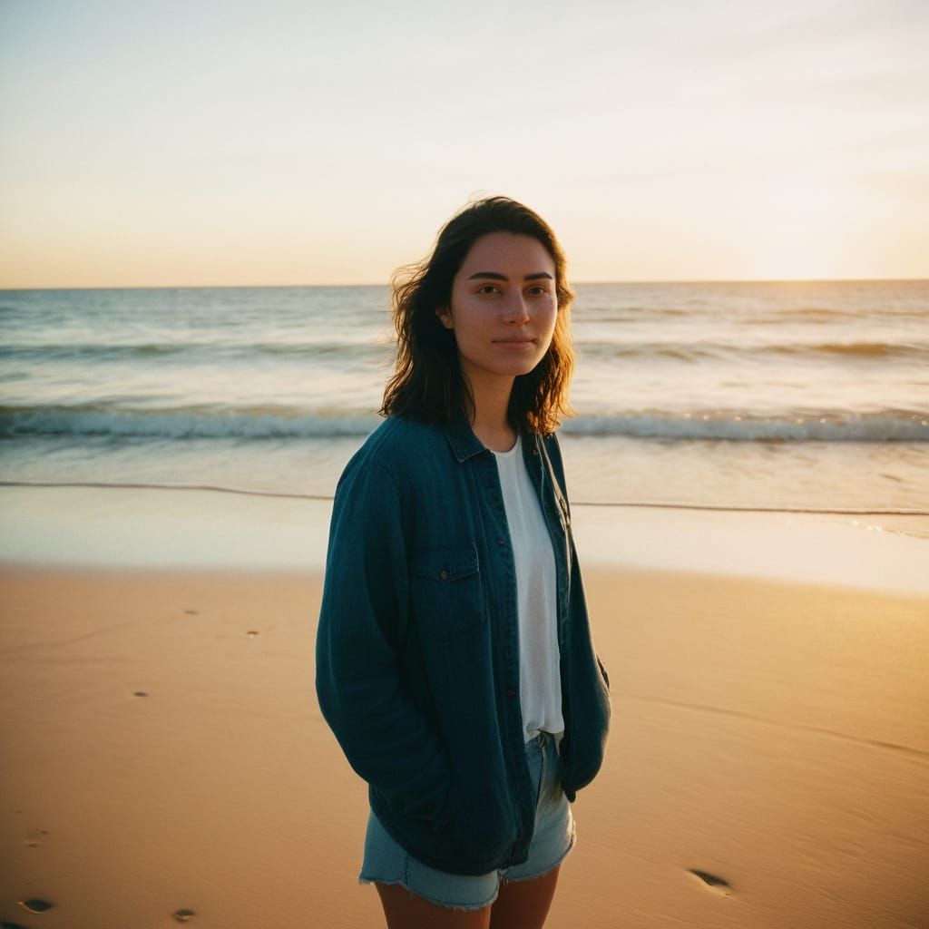 Young Woman Embracing Serene Ocean Sunset