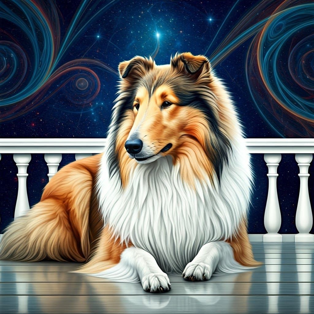 A beautiful, celestial, female Rough Collie relaxing on a wh...