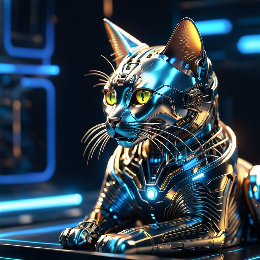 Cybernetic Anime Cat on Metallic Surface