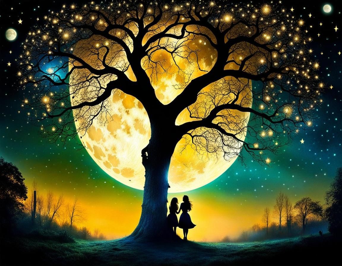Two Women Embrace Under Starry Oak, Jansson Style