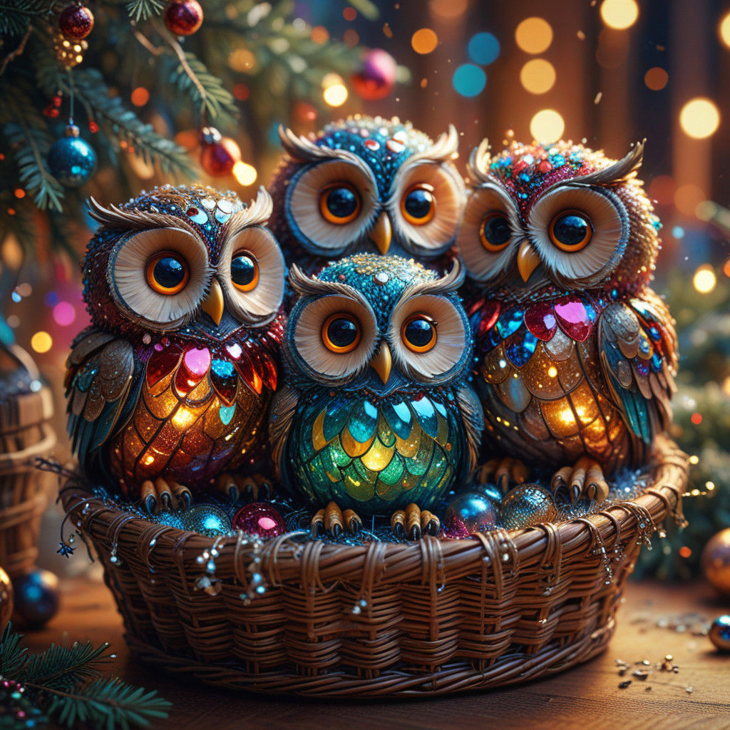 Whimsical Wicker Wonderland with Micro Owls in Festive Finer...