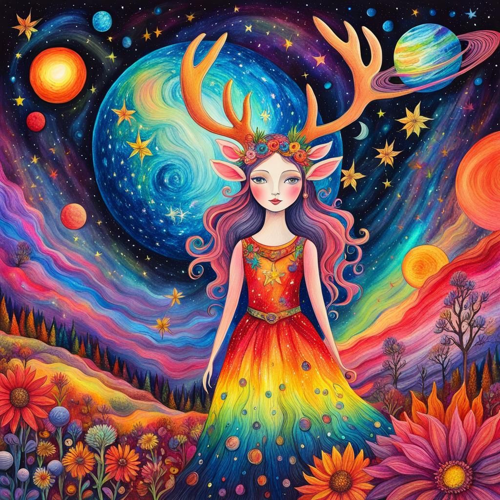 Cosmic Fairy Goddess in Crayon Style Drawing