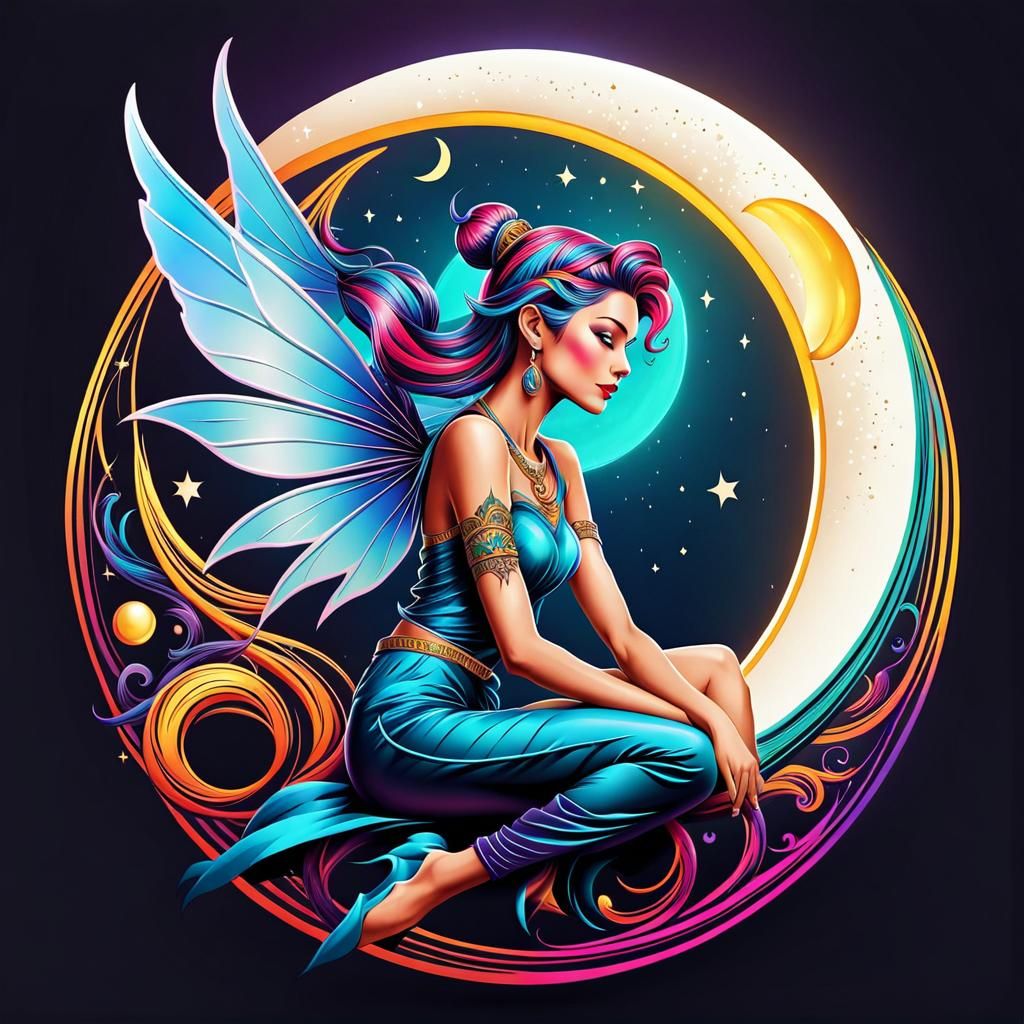 Cresnt Moon Fairy Tattoo Logo Design