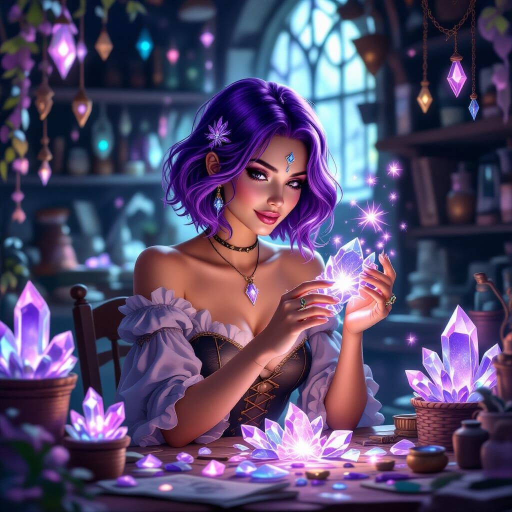 Fantasy Sorceress Tinkering with Magic Crystals in Shop