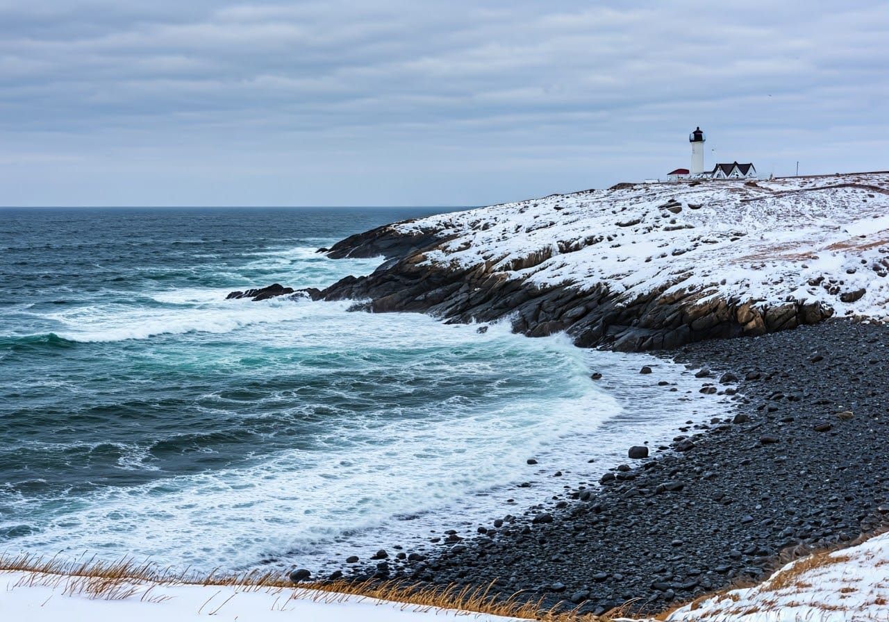 Snowy Coastline with Lighthouse in the Distance