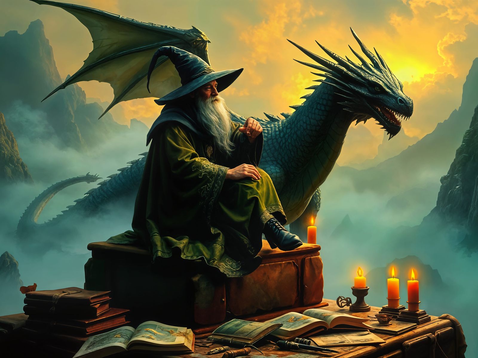 Majestic Wizard and Dragon in Frazetta-Inspired Fantasy Art