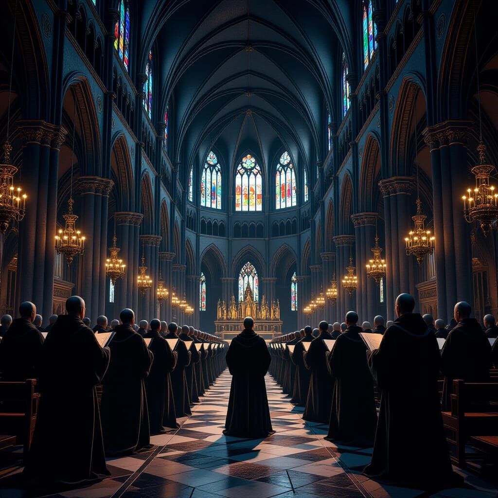 Monks Chanting Gregorian Hymns in Gothic Cathedral
