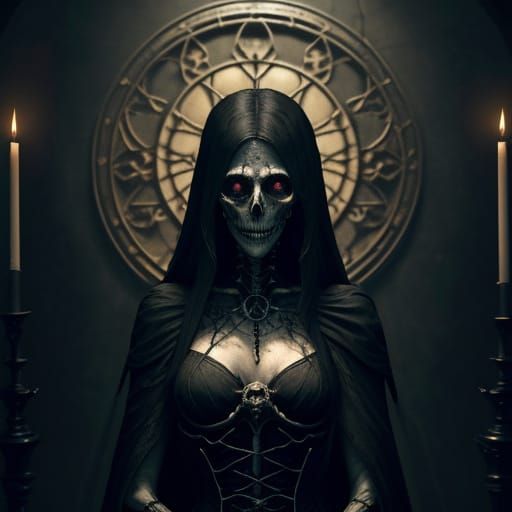Hyperrealistic Portrait of an Undead Sorceress in a Dark Cha...