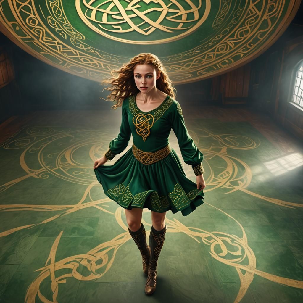 Celtic Dancer in Emerald and Gold, Digital Matte Painting