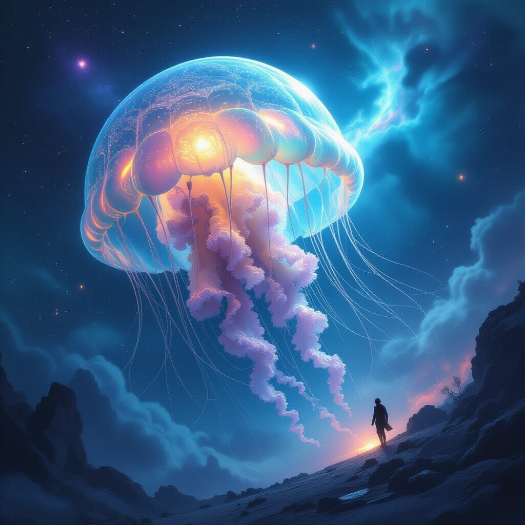 Bioluminescent Jellyfish Drifts Through Cosmic Nebulae