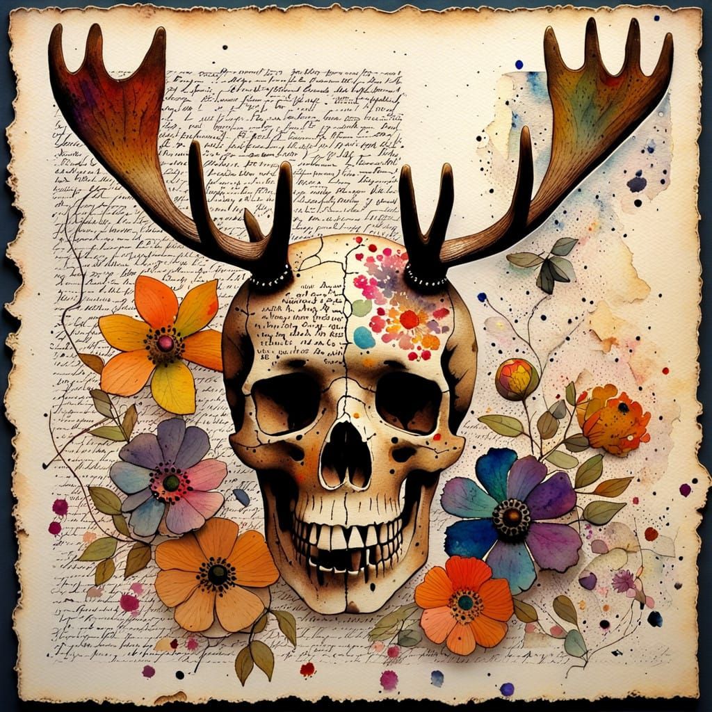 Whimsical Watercolor Skull on Antique Page