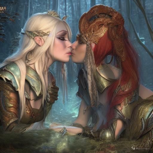 Two Female Wood-Elves Kissing in Detailed Matte Painting