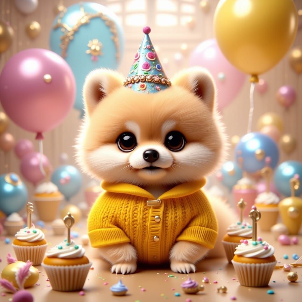 Pomeranian Birthday Party in Dreamy Landscape Style