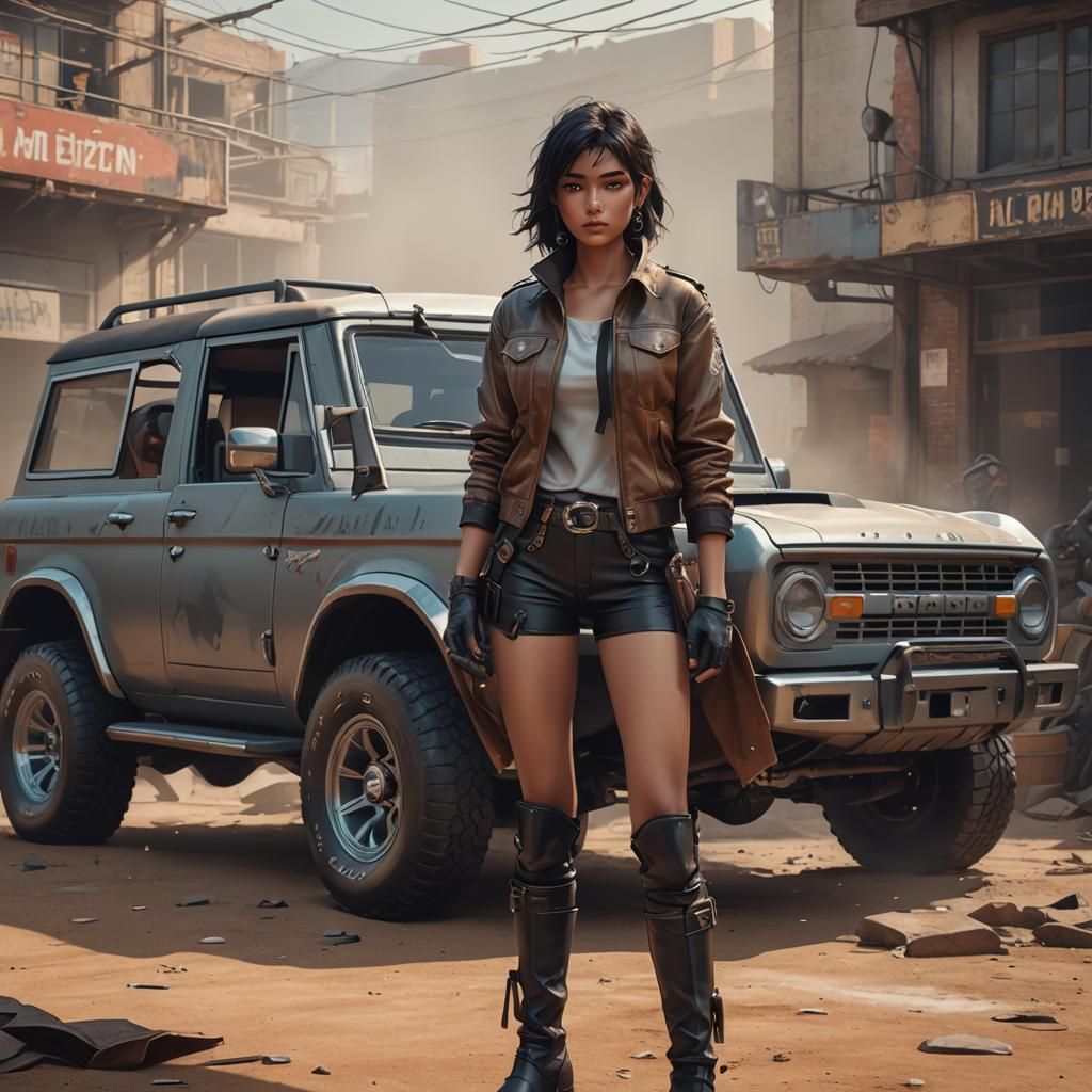 Latin Girl and Ford Bronco in 3D Anime Art