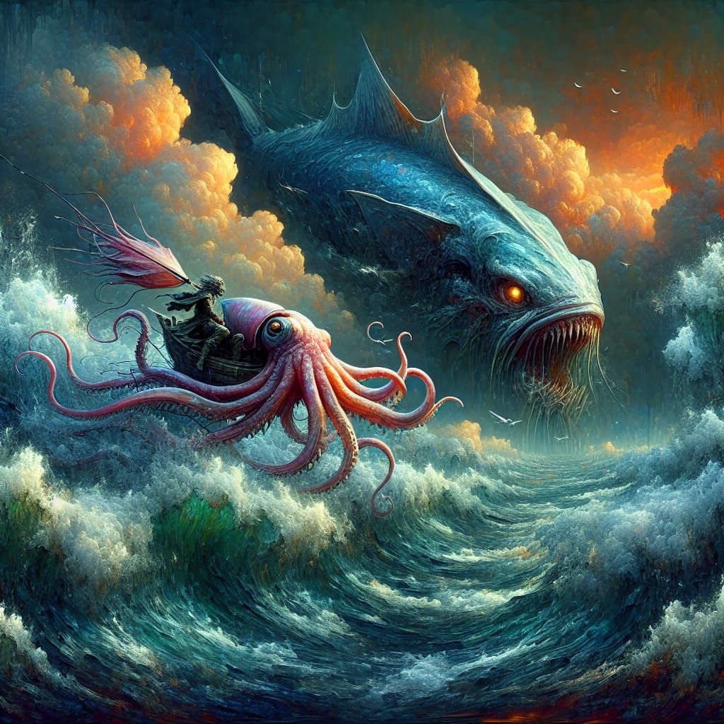 Adventurer Rides Colossal Squid as Shark Emerges from the De...