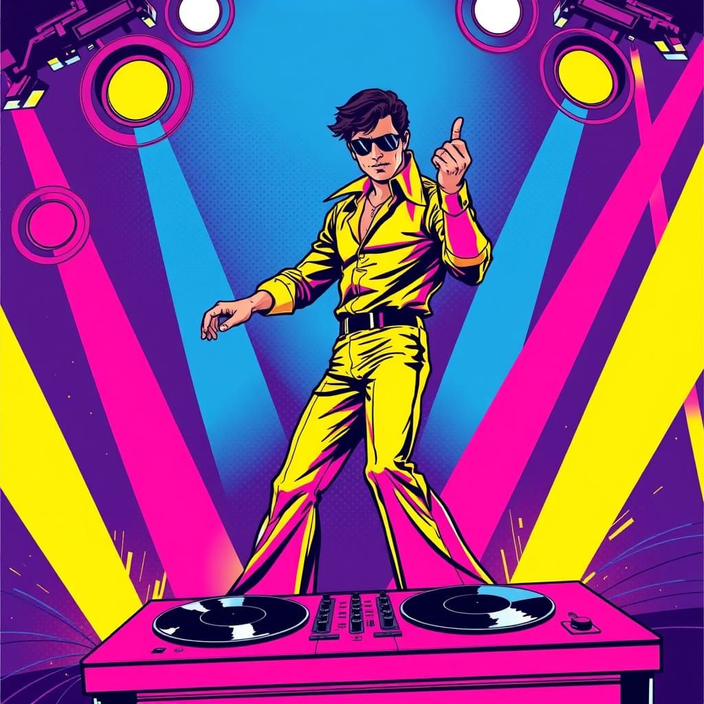 Dynamic DJ in Retro Comic Book Style