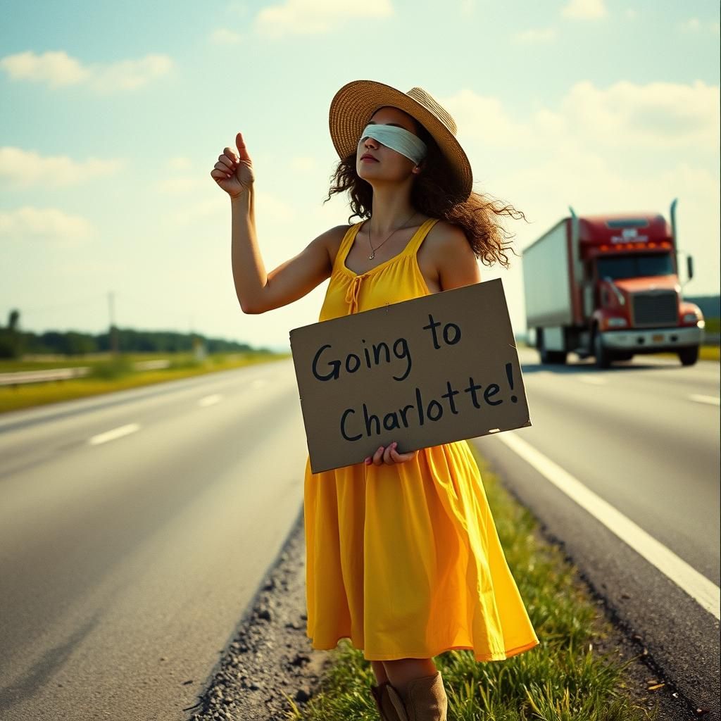 Blindfolded Hitchhiker on Rural Highway in Film Still