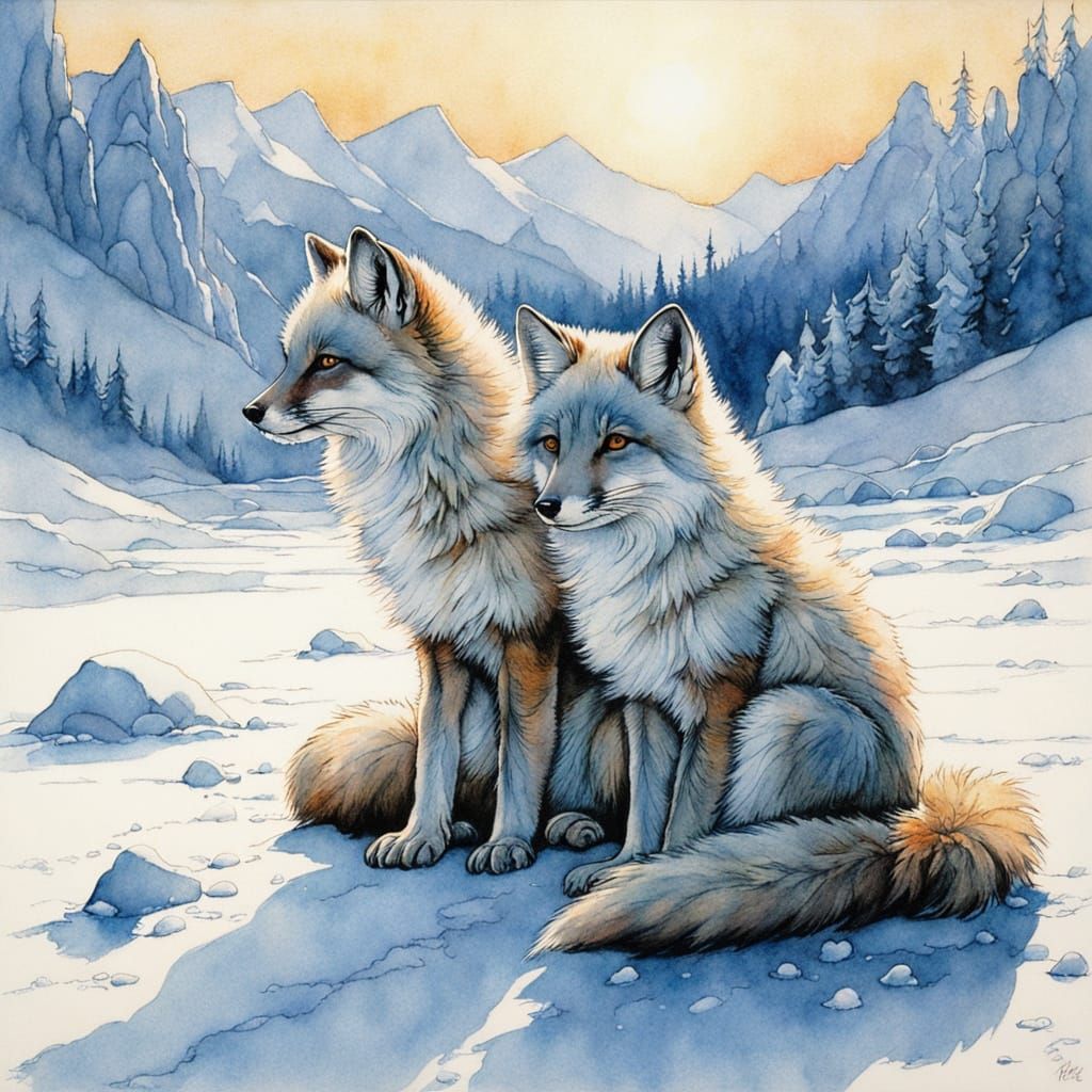 Two majestic arctic foxes both have "Bright Blue Eyes" "One fox is sitting on the snow" "The other fox is walkingin the ...