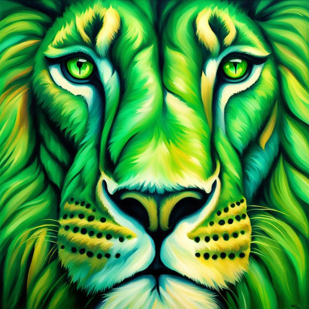 Emerald Lion Portrait in Mystical Forest