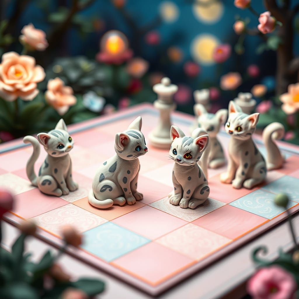 Whimsical Pastel Chessboard with Claymation Cats in a Fantas...