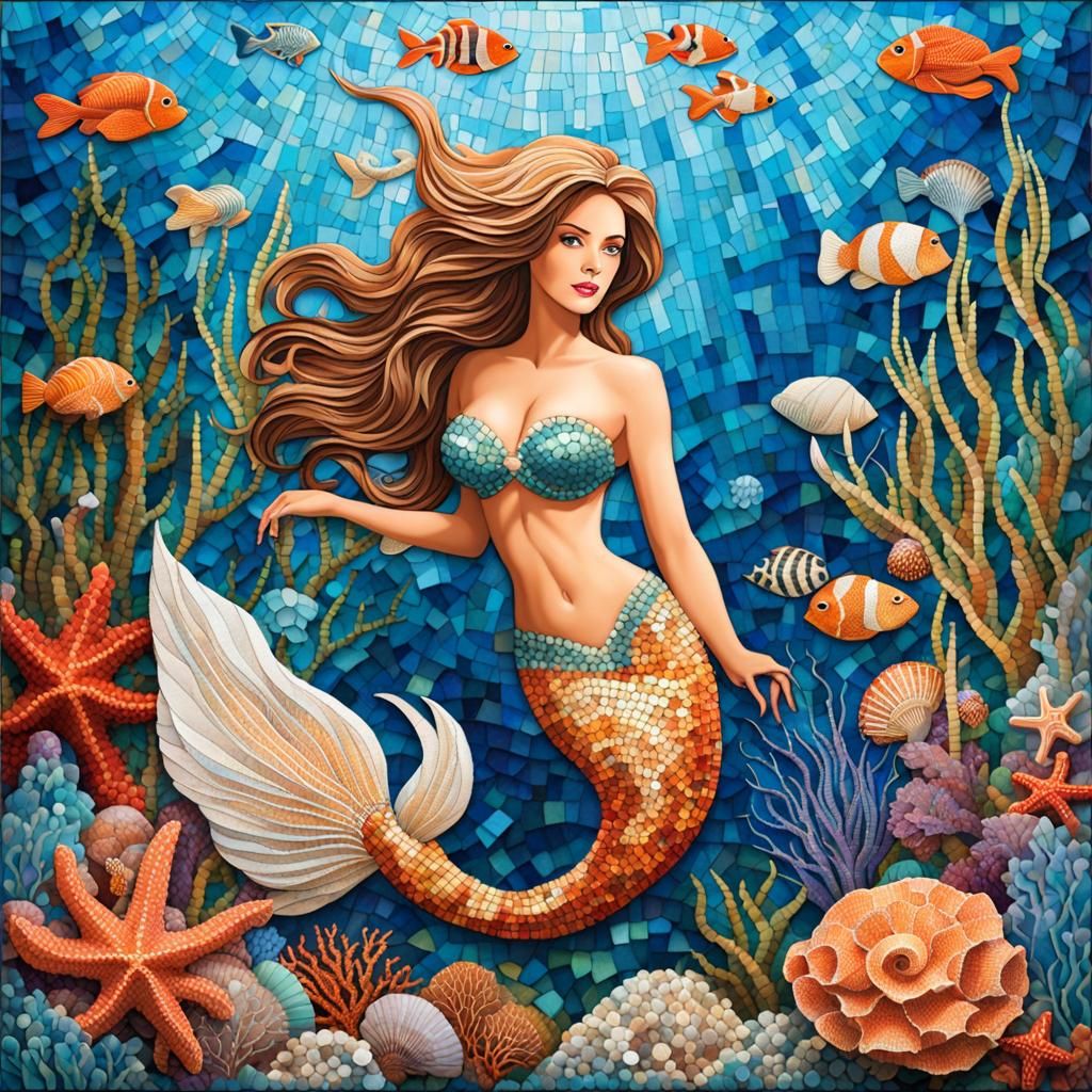 Fantasy Underwater World Mosaic With Mermaid
