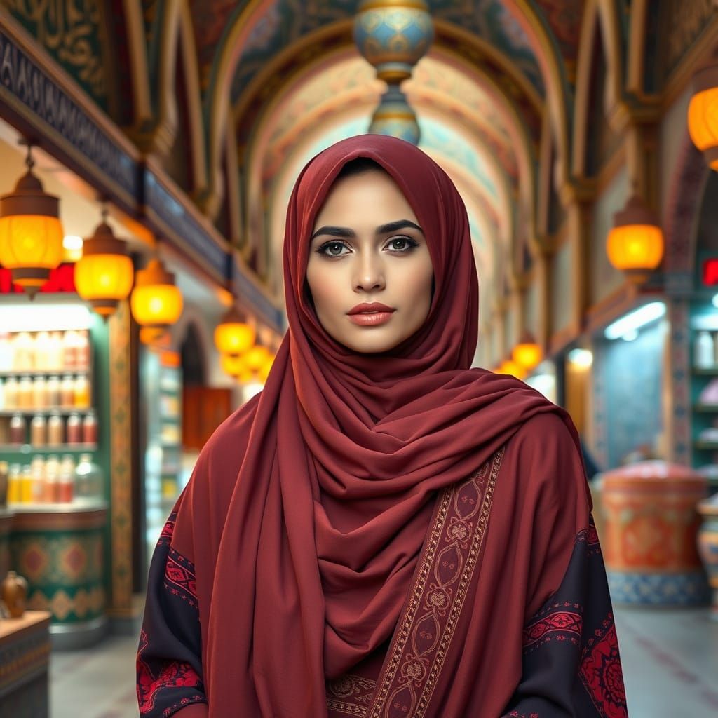 Arabic Woman in Hijab in Vibrant Marketplace
