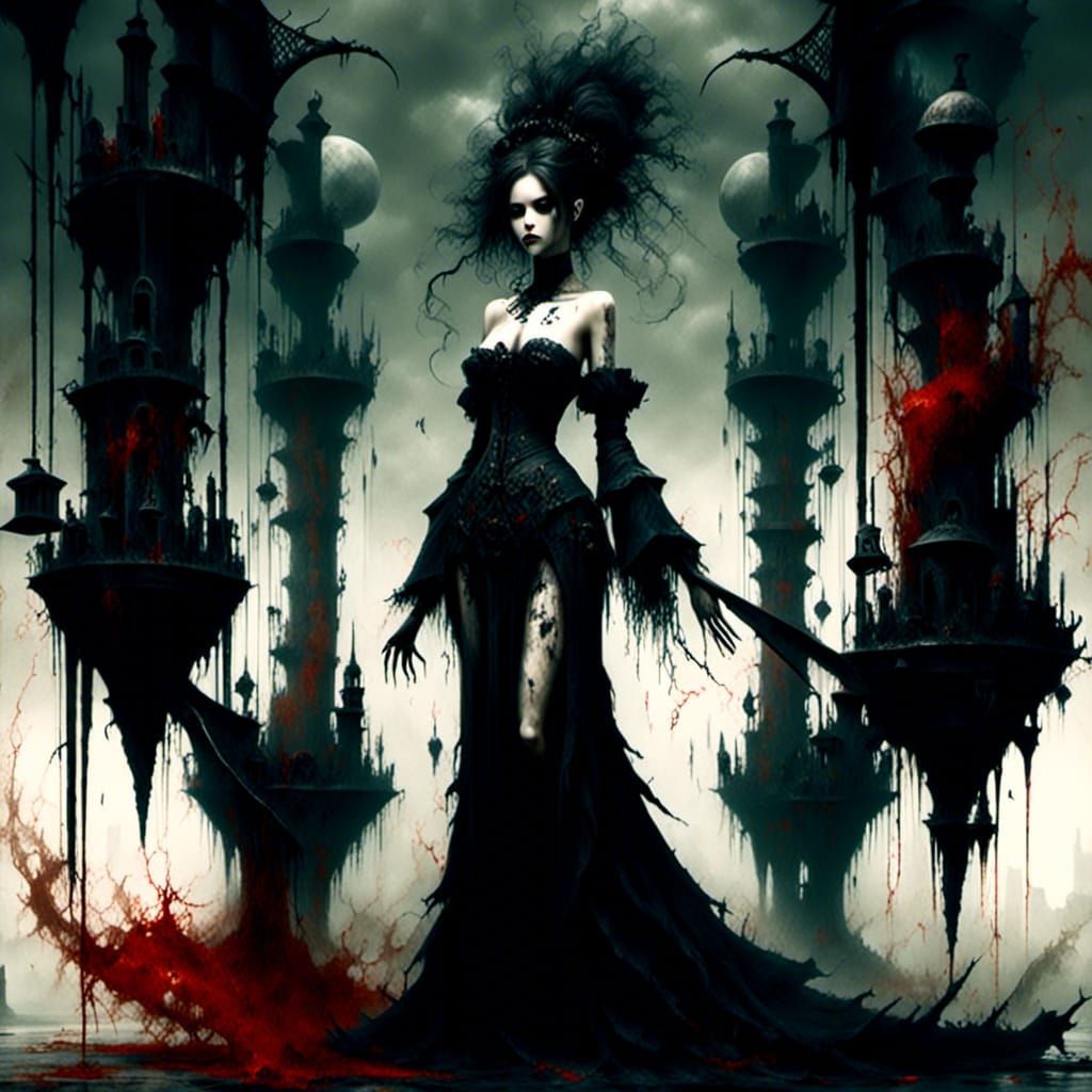 Sorceress in Steampunk Cyberpunk Dark Fantasy Landscape