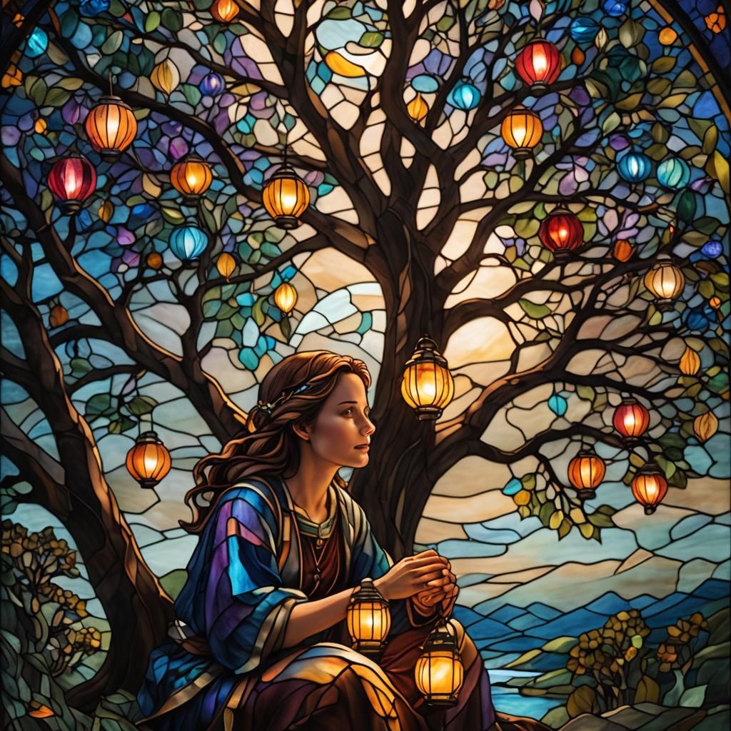 Stained Glass Art: Woman with Lanterns and Rainbow