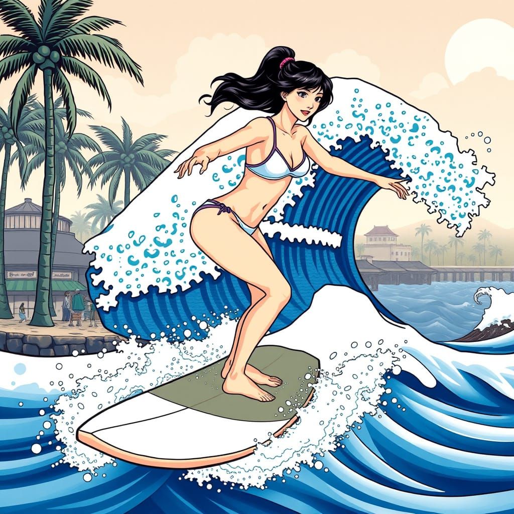 Female Surfer Riding Wave in Hokusai Style
