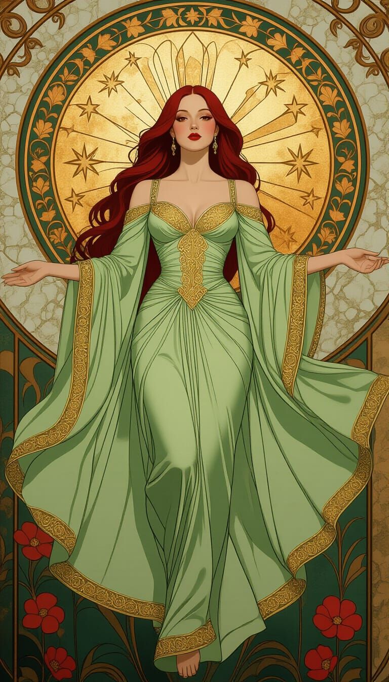 Floating Woman in Gown, Art Nouveau Style
