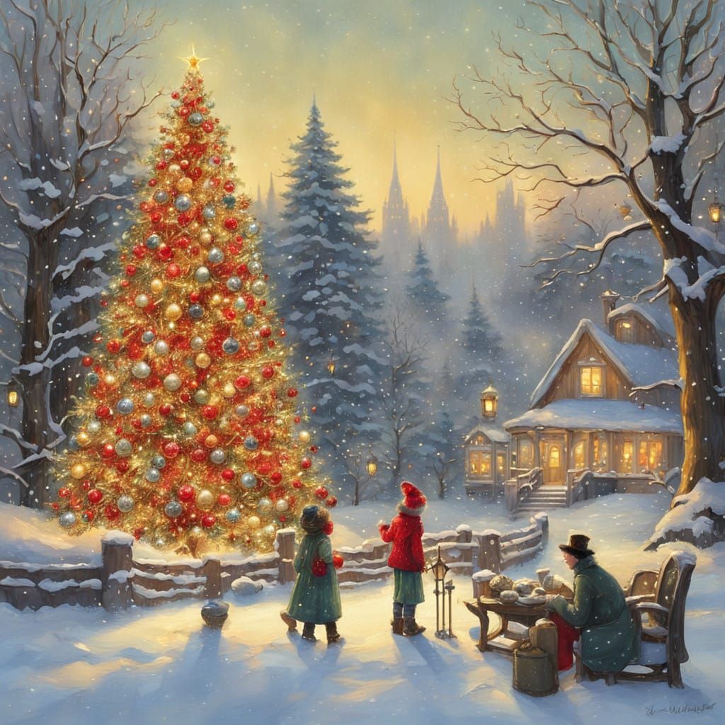 Drawing of a Christmas tree with red and gold balls, tinsel. There are boxes of gifts of different sizes and colors unde...