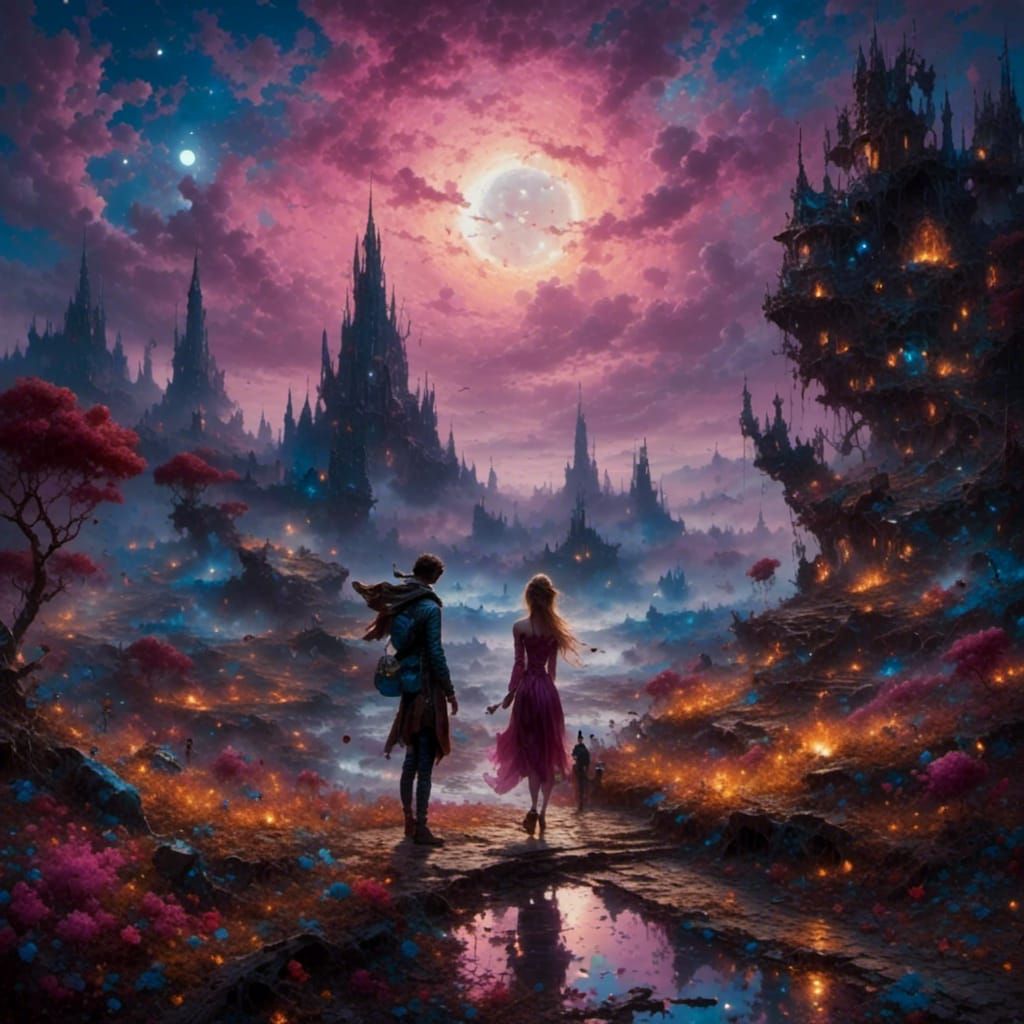 Lovers Apart Under Moonlight, Oil Painting