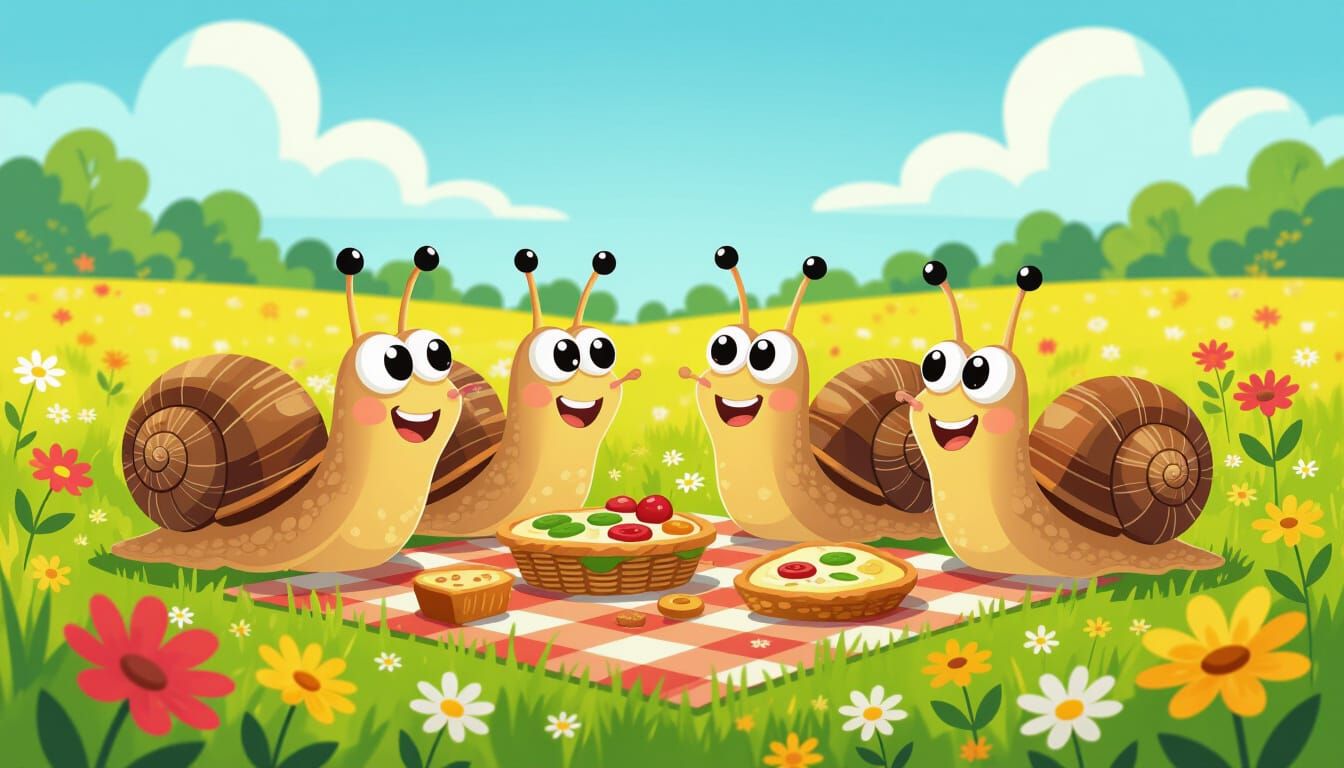 Cartoon Snails' Picnic Adventure in a Wildflower Field