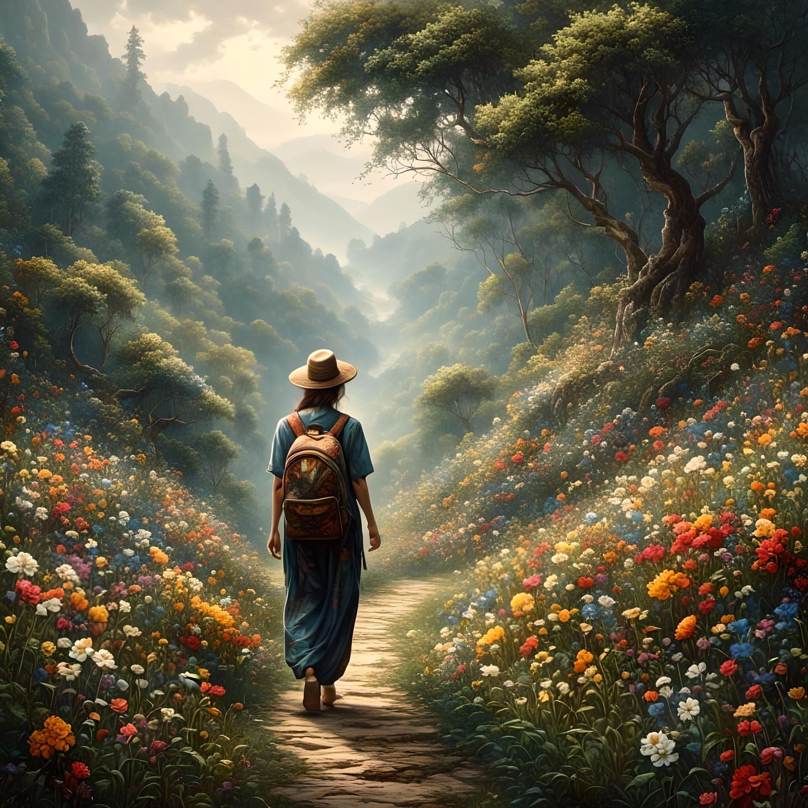 Traveler, flowers, forest trail <lora:PaubhariXL:1.0>