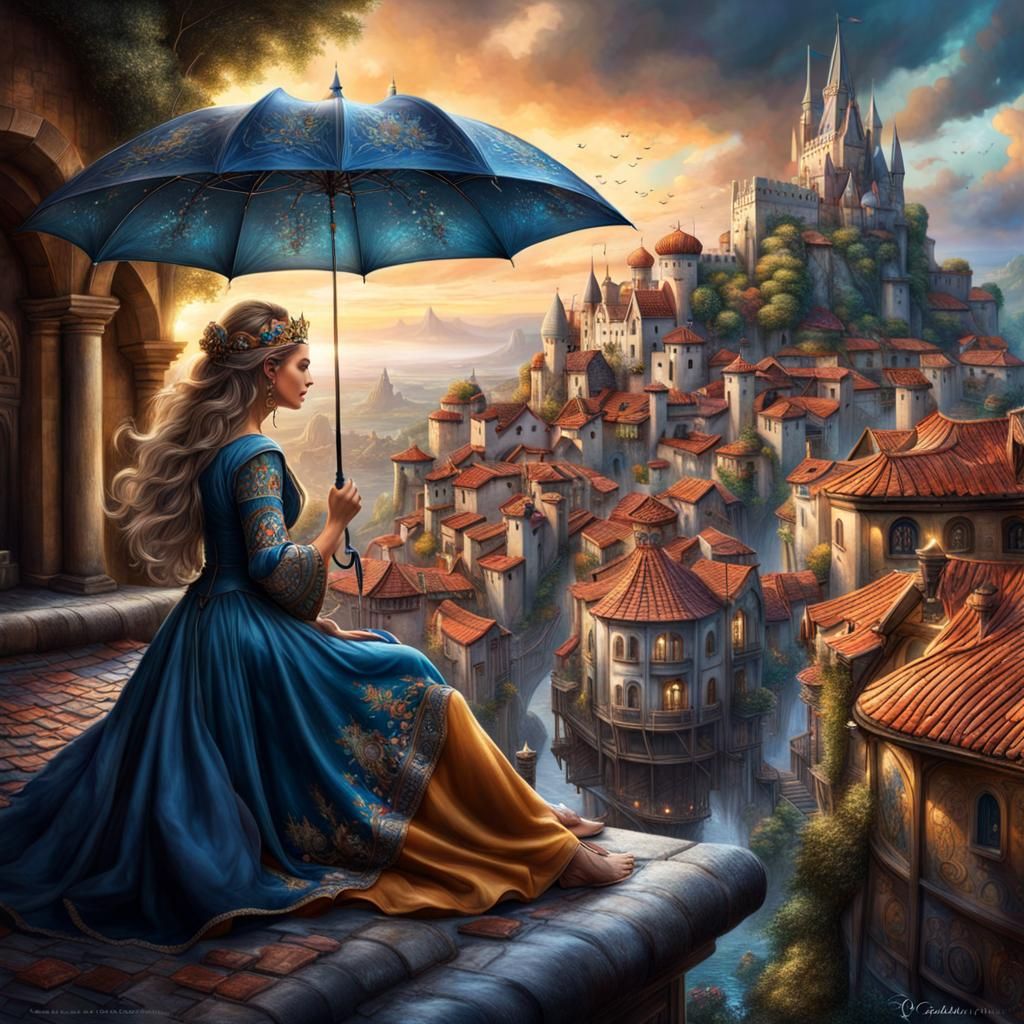 Dreamy Rooftop Scene in Detailed Matte Painting Style