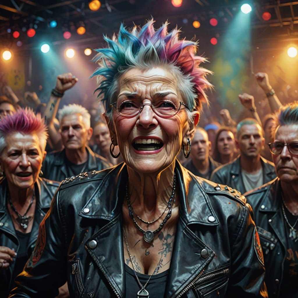 Elderly Woman at Punk Rock Concert as Oil Painting