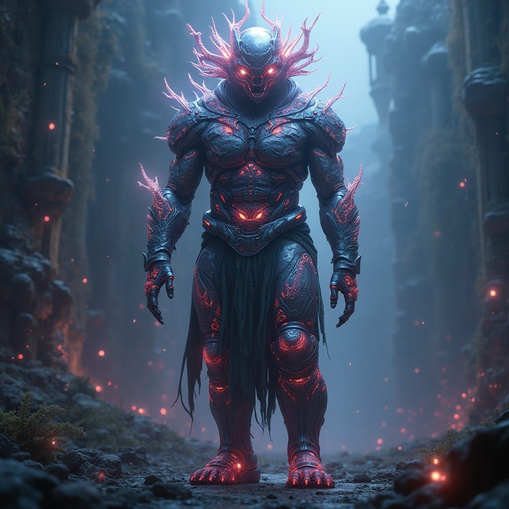 Hyper-Realistic Techno-Mummy at Tiger Dragon Feast in Dark F...