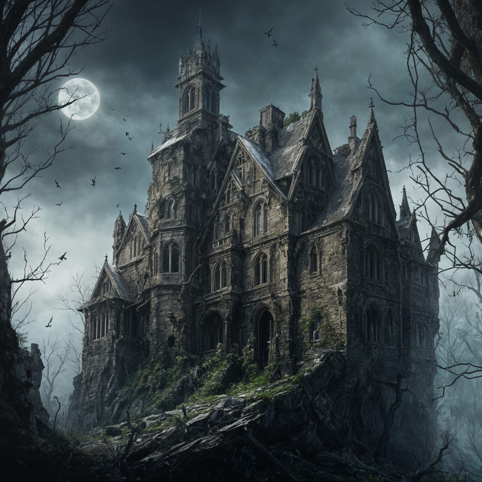 Gothic Supervillain Manor on Stormy Cliffside