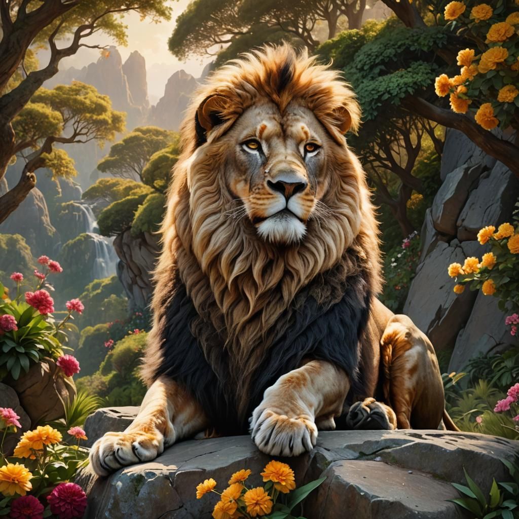 Regal Lion in Fantasy Landscape: Digital Matte Painting