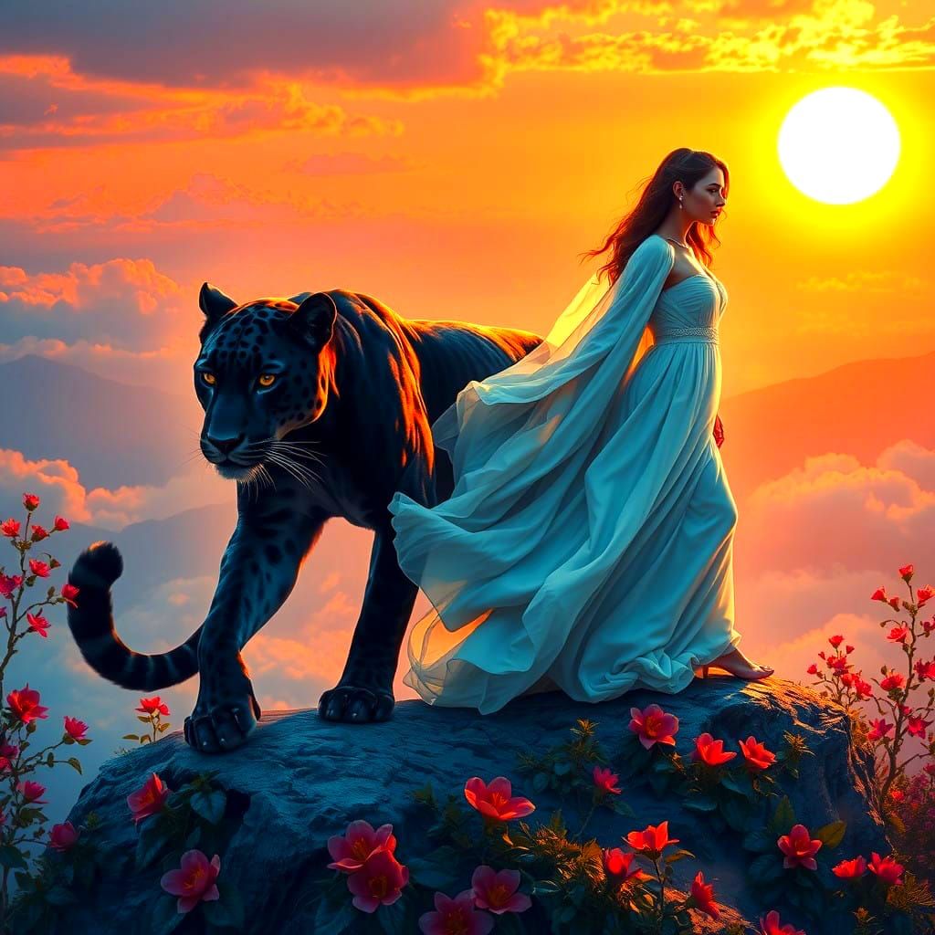 Sleek Jaguar and Ethereal Goddess in Hyperrealistic Splash A...