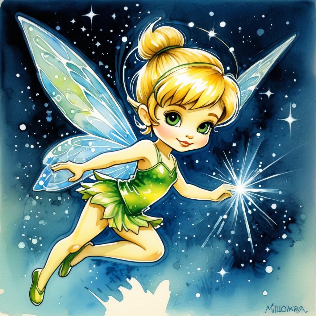 Chibi Tinkerbell in Art Deco Watercolor Style