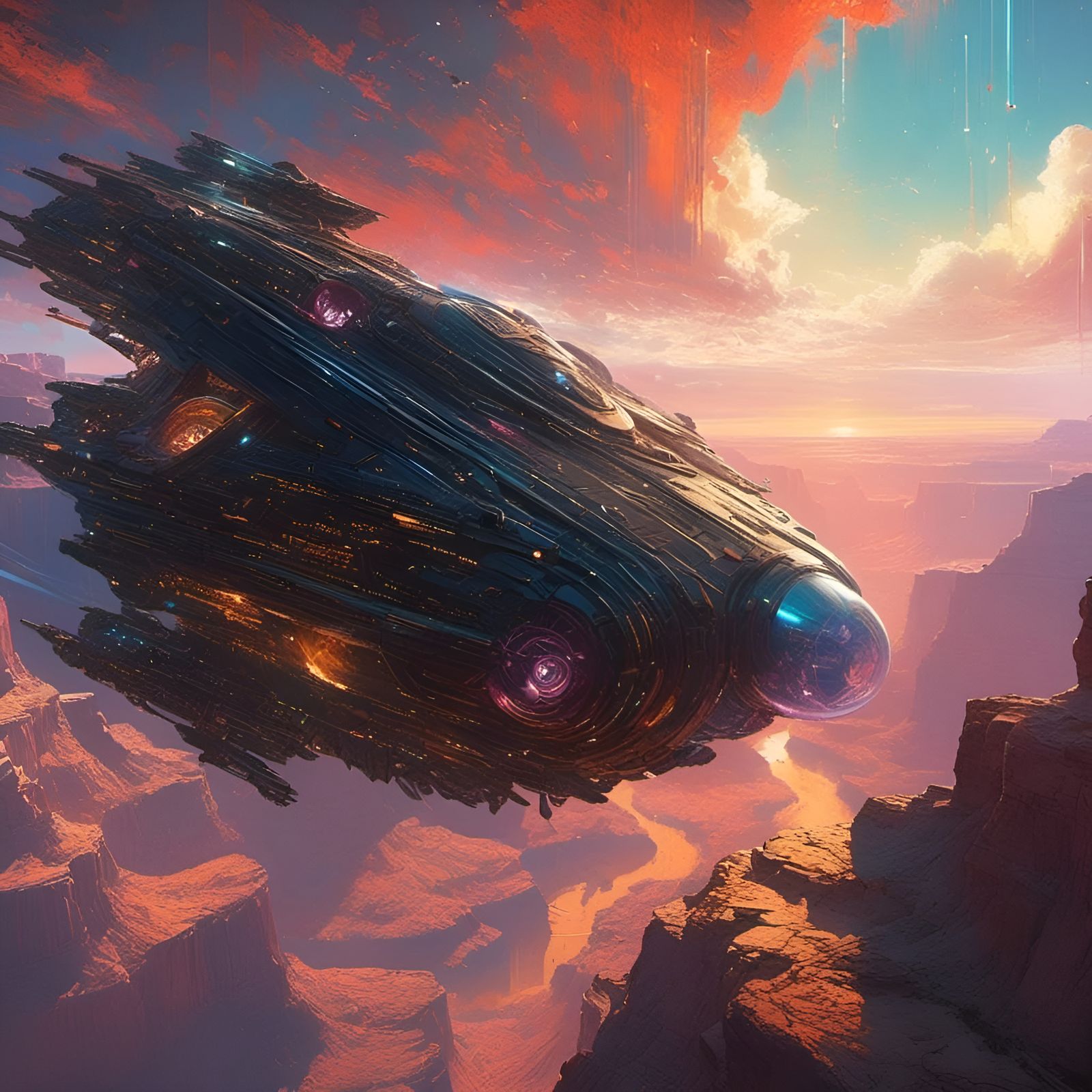 Cyberpunk Spaceship Over Grand Canyon at Sunset