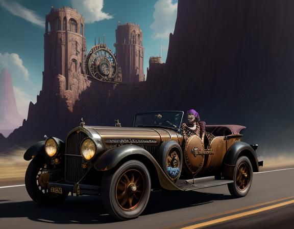 Steampunk Lady Drives Convertible on Open Road
