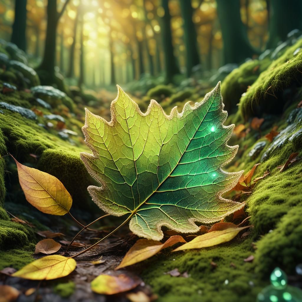 Glowing Crystal Leaf on Forest Path