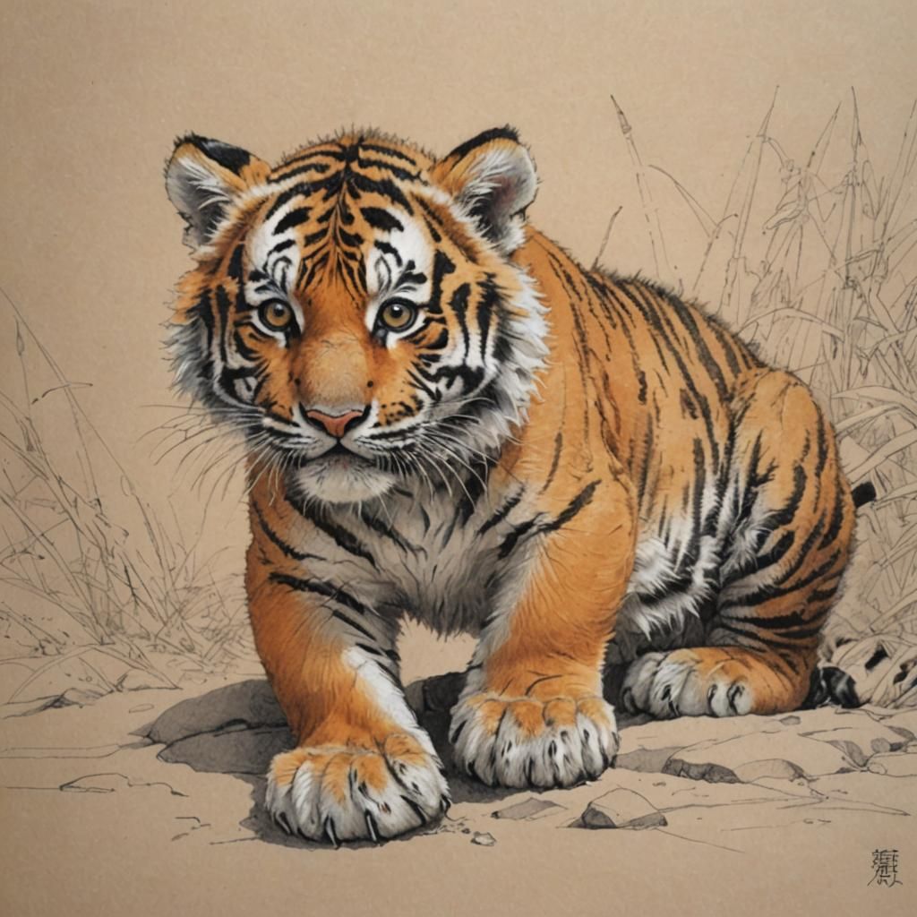Photorealistic Pencil Sketch of a Tiger Cub